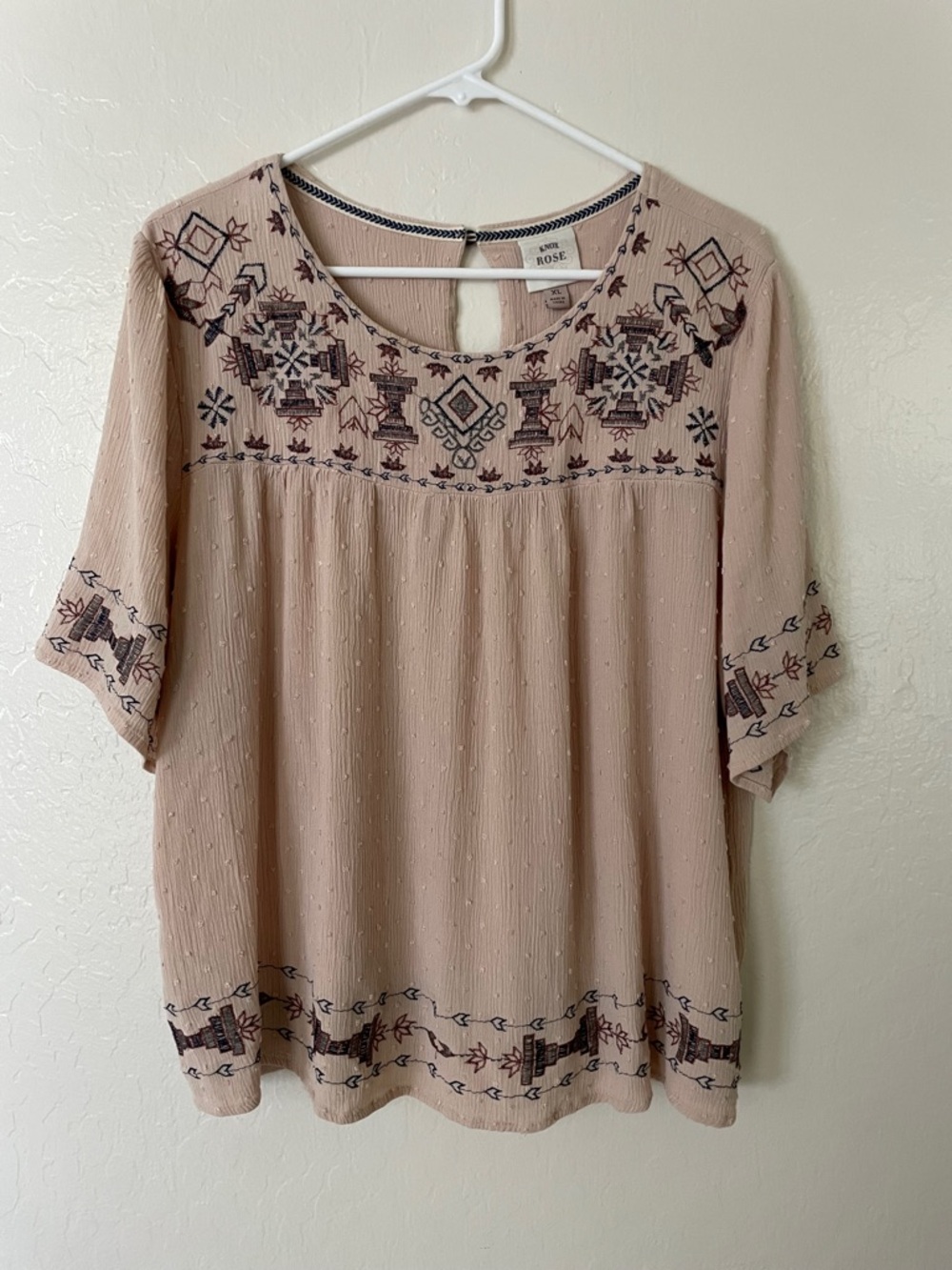 Knox Rose Dusty Tan Embroidered Short Sleeve Top